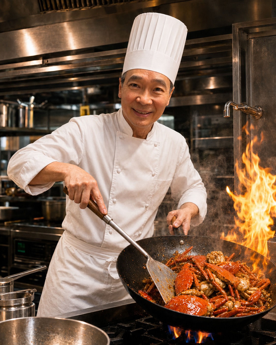 Chef Baba wok-tossing chilli crab over an open flame